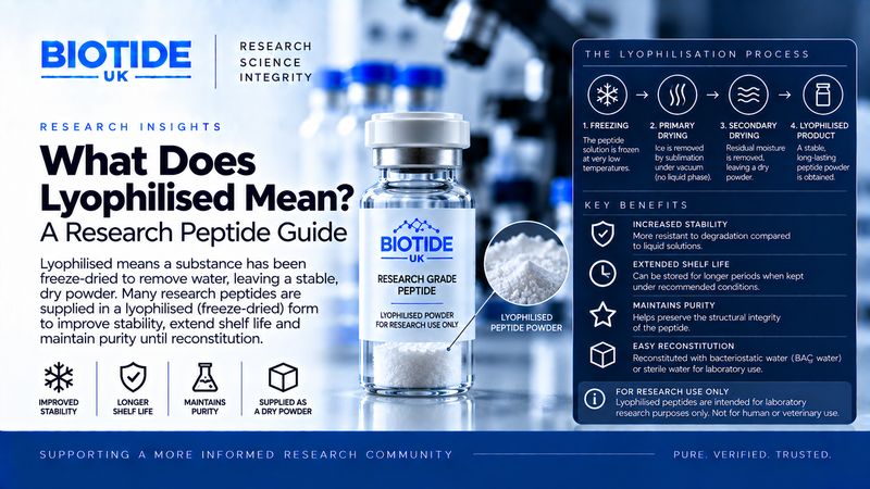 BioTide UK guide explaining lyophilised research peptides, freeze-drying and peptide stability