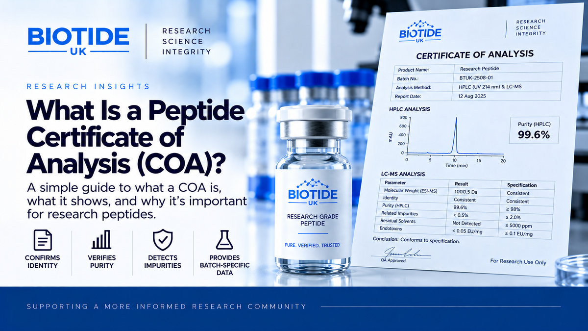 BioTide UK guide explaining peptide Certificates of Analysis and analytical testing results